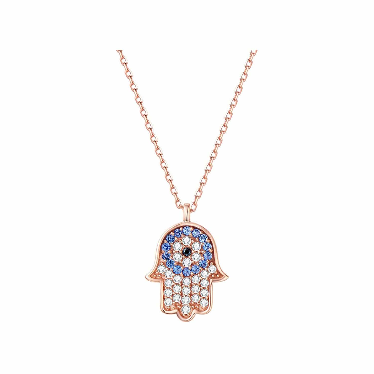Pave Gemstone 14K Rose Gold Hamsa Blue And White Pendant Necklace