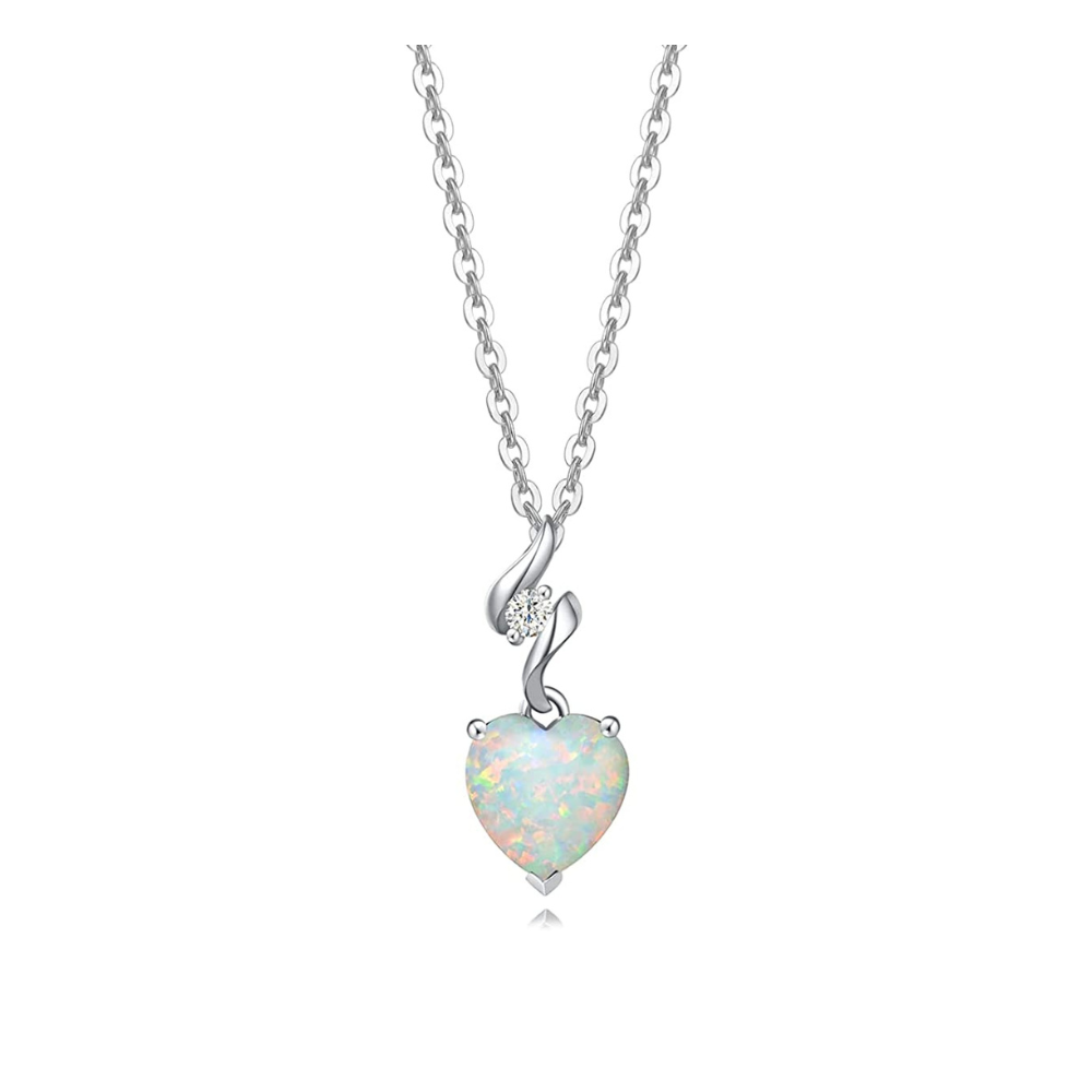 FANCIME Opal October Gemstone Heart Sterling Silver Necklace