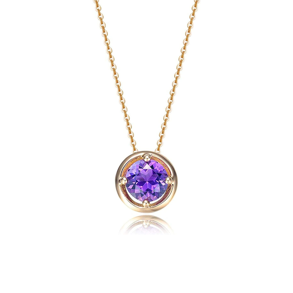 FANCIME Round Amethyst February Birthstone 14K Yellow Gold Necklace Main