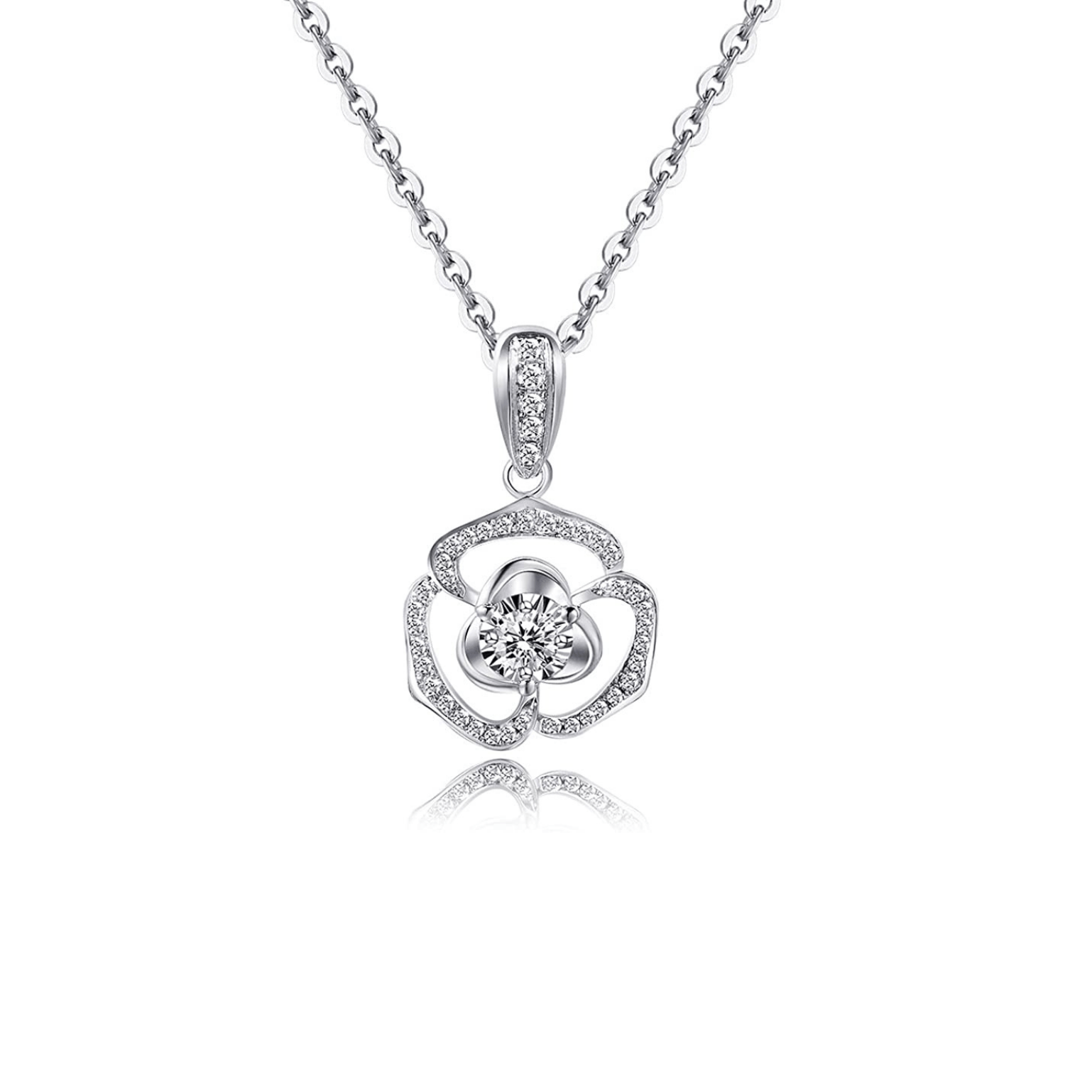 FANCIME "White Blossom" Flower Solitaire 18K White Gold Necklace Main