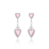FANCIME "Pink Moment" Pink Heart Long Drop Sterling Silver Earrings With White Pearl and CZ Stones