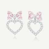 「プリンセスのためのリボン」ピンクのリボンとハート型のスターリングシルバーイヤリング