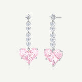 "Sweetheart" Pink Heart Drop Dangling Sterling Silver Earrings With White CZ Stones