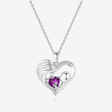 Mother and Child Love Heart Necklace in Sterling Silver with Amethyst