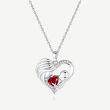 Mother and Child Love Heart Necklace in Sterling Silver with Ruby
