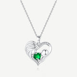 Mother and Child Love Heart Necklace in Sterling Silver with Emerald