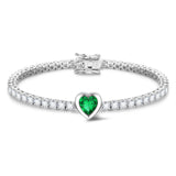 FANCIME "Axis" Heart Cut May Birthstone Emerald Sterling Silver Tennis Bracelet