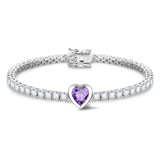 FANCIME "Axis" Heart Cut February Birthstone Amethyst Sterling Silver Tennis Bracelet