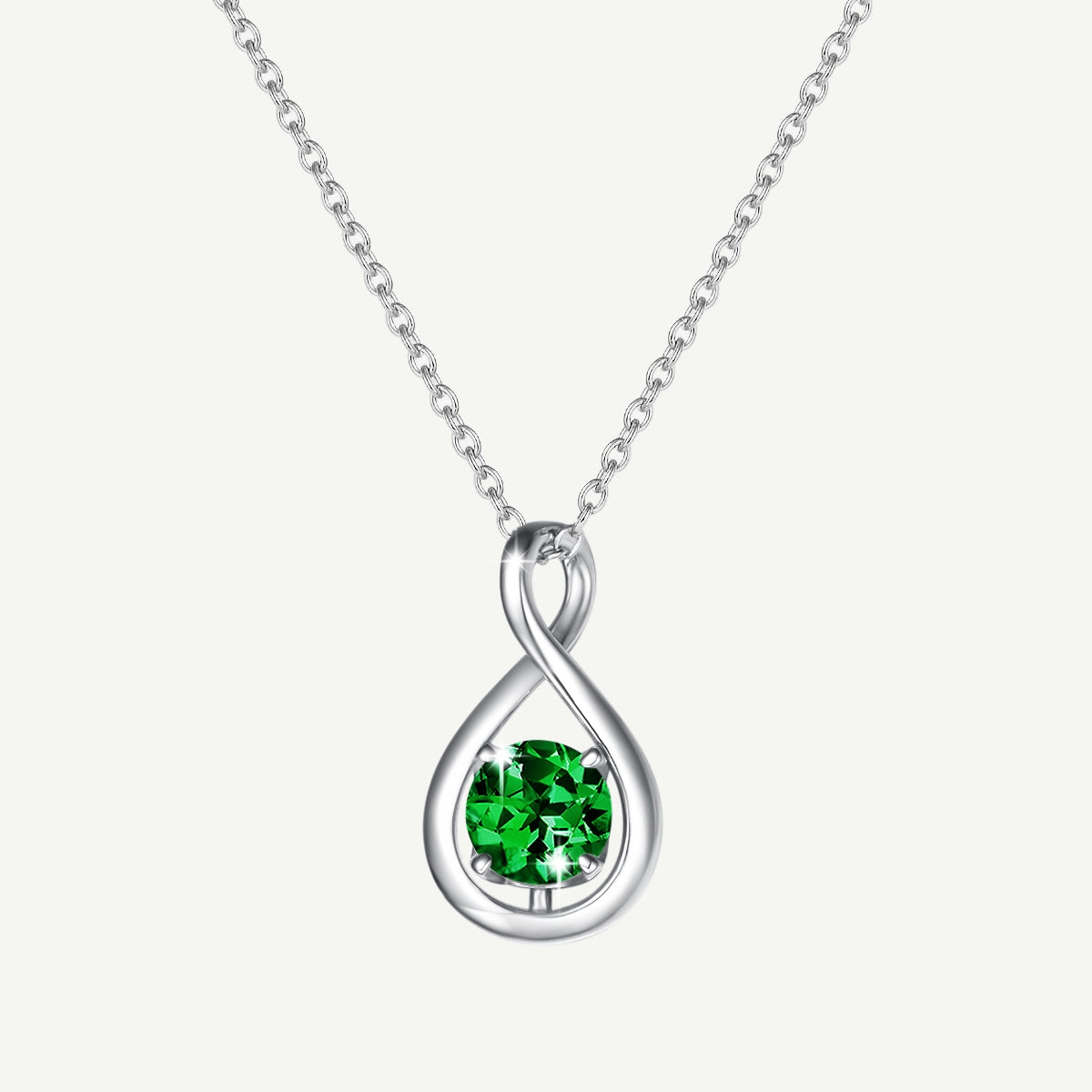 "Infinite Embrace" May Birthstone Emerald Stone Infinity Symbol Sterling Silver Pendant Necklace