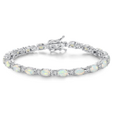 "Glamour Radiance" October Birthstone Fancy Cut Tennis White Opal Sterling Silver Bracelet