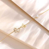 14K Yellow Gold Butterfly Bracelet with 4MM Freshwater Pearls Luxury Cubic Zircon Adjustable Bracelet Real Pearl Fine Jewelry