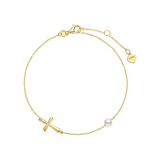 14K Solid Yellow Gold Sideways Cross Bracelet with 4MM Freshwater Pearl Mini Cross Bracelet Link Adjustable Bracelet Dainty Fine Jewelry