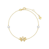 14K Yellow Gold Lotus Flower Bracelet With 4MM Freshwater Pearls Luxury Adjustable Bracelet Fine Jewelry