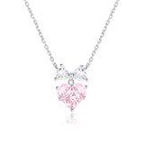 "Bow For Princess" Pink Heart Sterling Silver Necklace With White CZ Stones