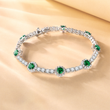 FANCIME "Glamour Radiance" May Birthstone Emerald Station Tennis Sterling Silver Bracelet
