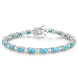 "Glamour Radiance" Fancy Cut Tennis Blue Turquoise Stone Sterling Silver Bracelet