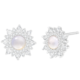 "Silk White" Brilliant Sun Flower Pearl Stud Sterling Silver Earrings