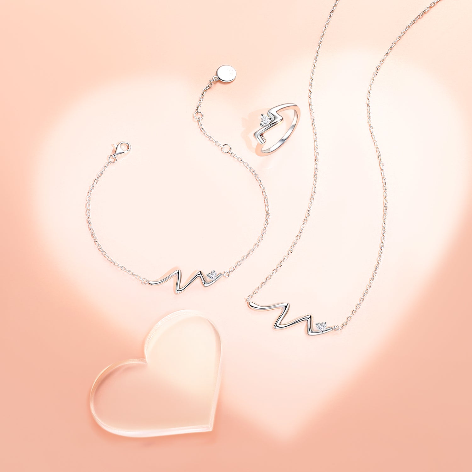 FANCIME “Dazzling Wink” Heart Wave Sterling Silver Necklace Set