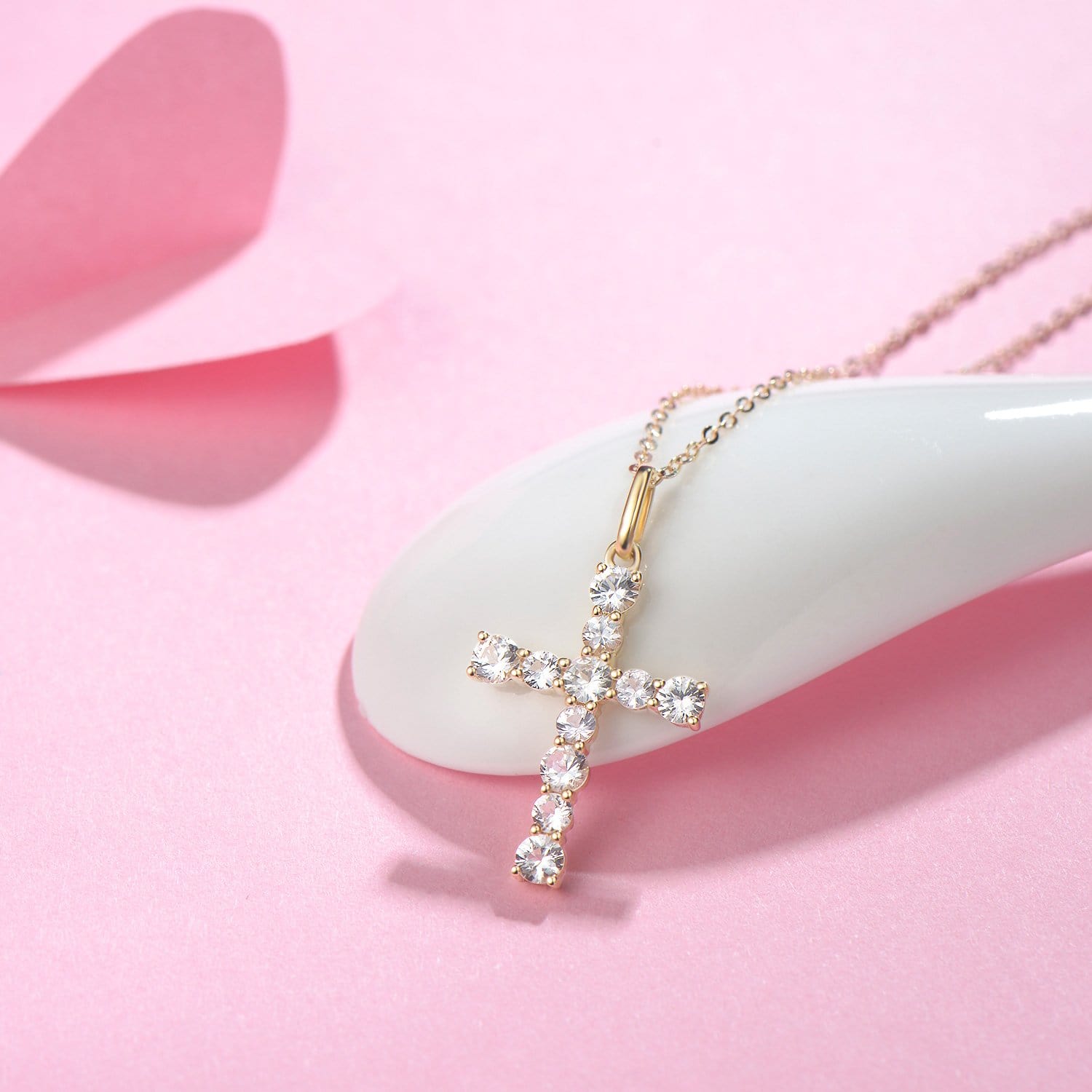 FANCIME White Sapphire Cross 14K Yellow Gold Necklace Detail