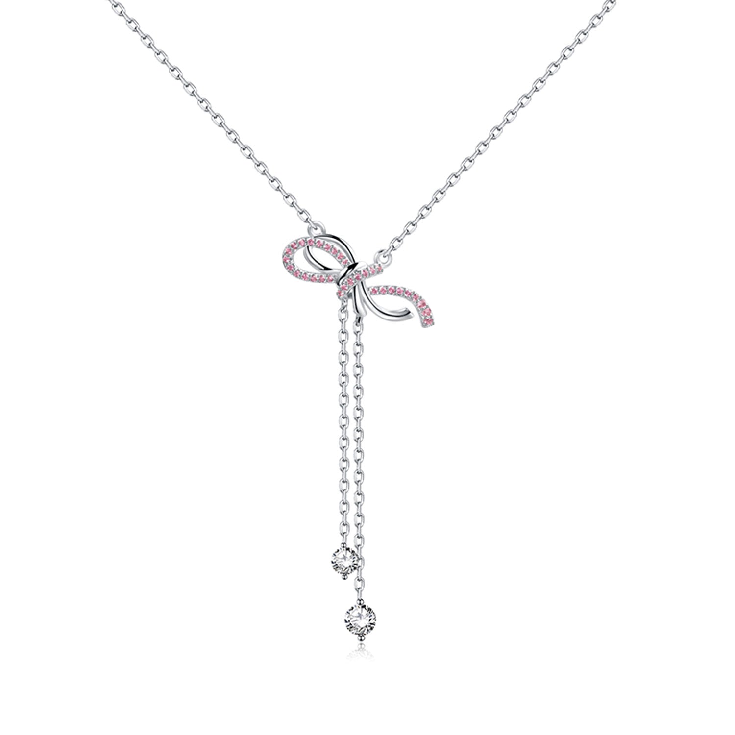 FANCIME “Momoiro Bow” Sweet Bow White Long Drop Sterling Silver Necklace Main