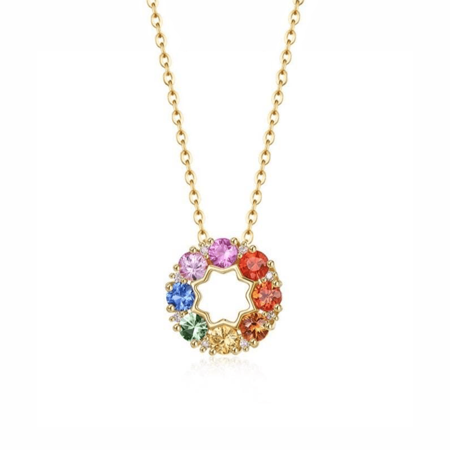FANCIME "Rainbow Flower" Multicolored Sapphire Circle 14K Yellow Gold Necklace