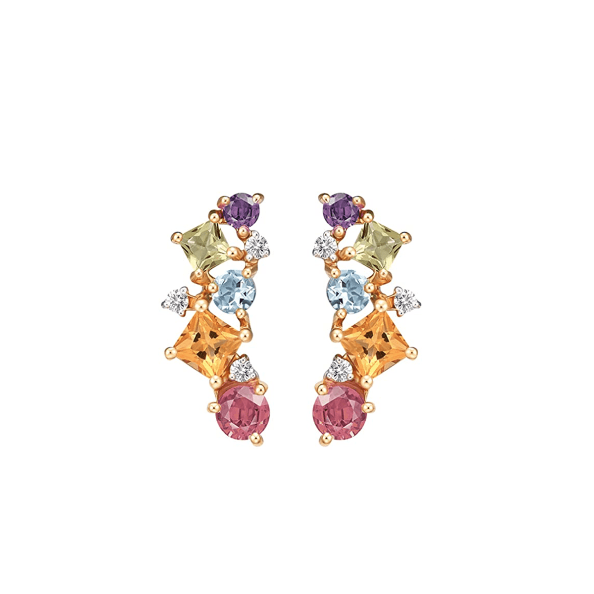 14K Solid Yellow Gold Multicolored Flower Bouquet Gemstones Stud Earrings