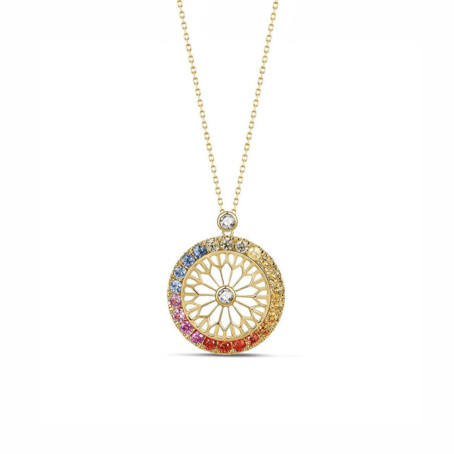 FANCIME "Rainbow Dream Catcher" Multicolor Sapphires Circle 18K Rose Gold Necklace