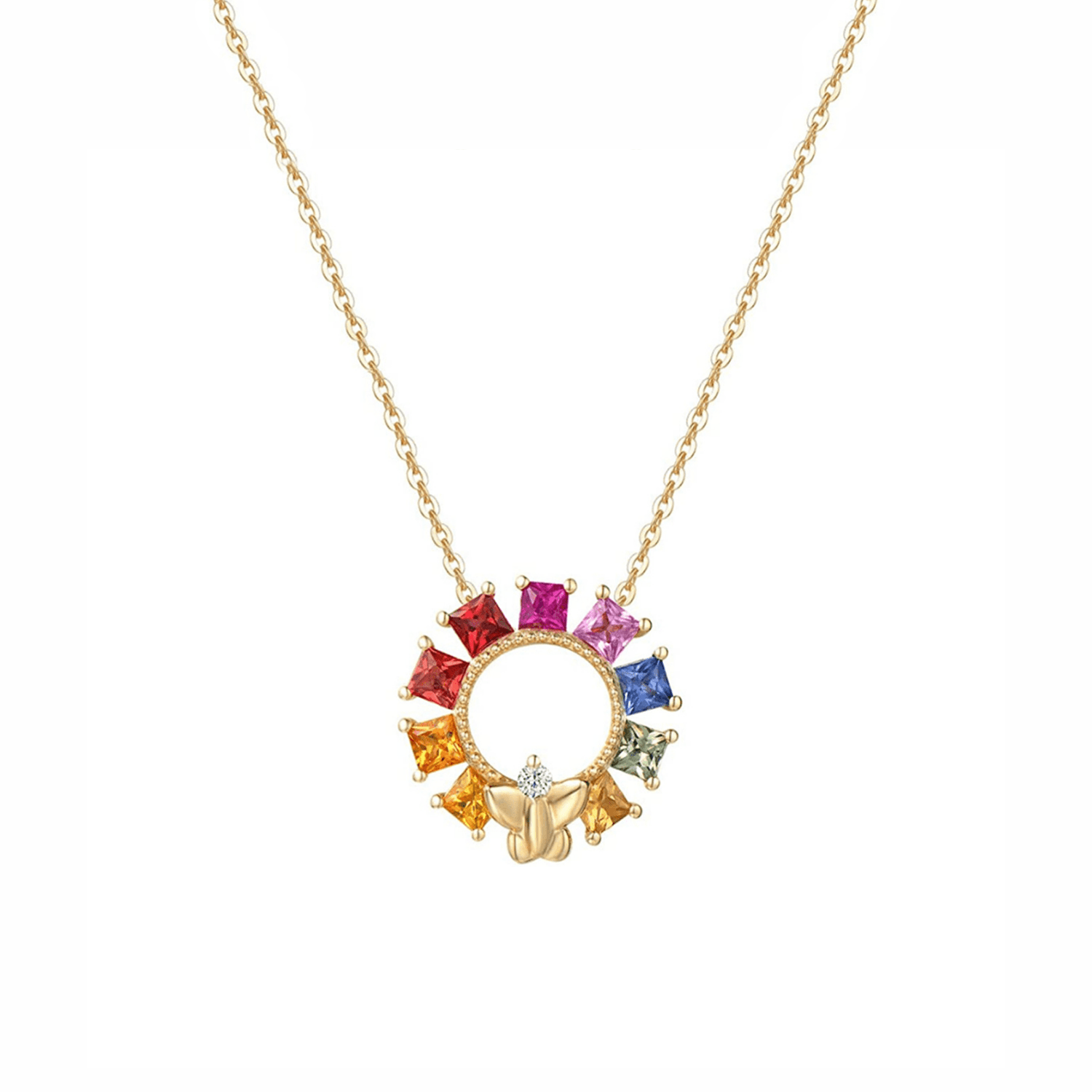 FANCIME "Flying To The Rainbow " Butterfly Round Circle 18K Yellow Gold Necklace Main