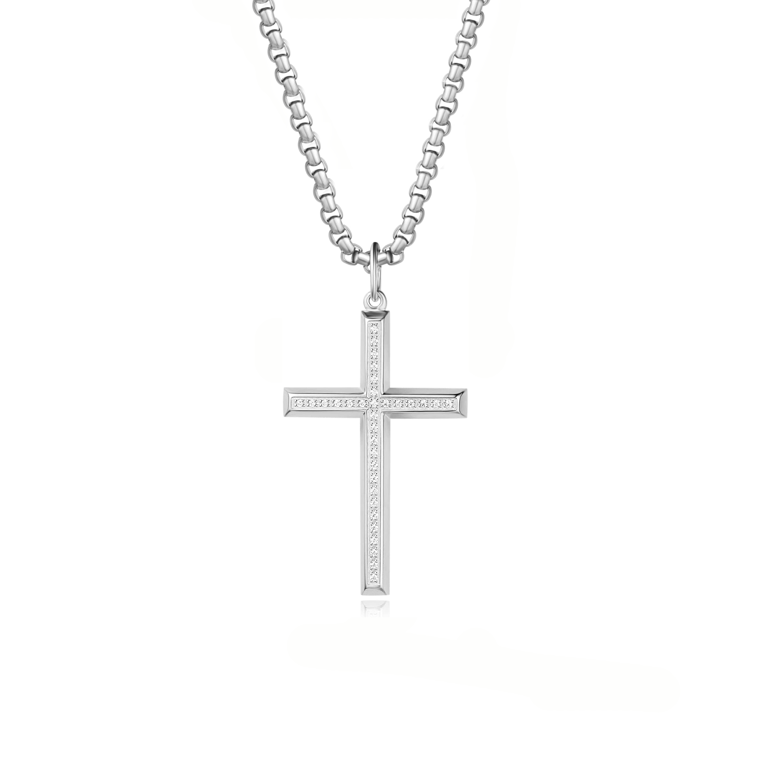 FANCIME Mens Box Chain Beveled Cross 925 Silver Necklace Main