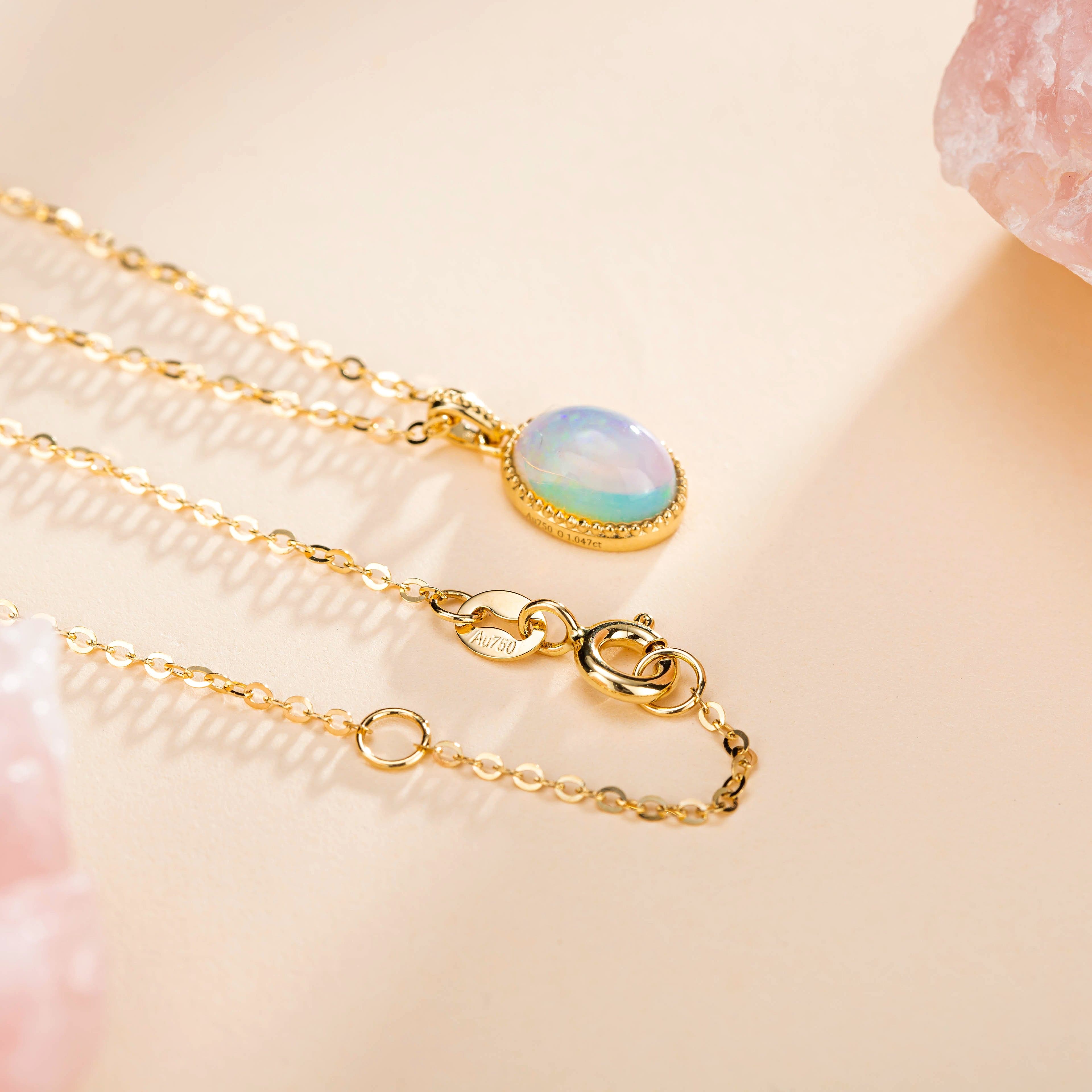 FANCIME "Maria" Natural Opal Solid 14K Yellow Gold Necklace Full