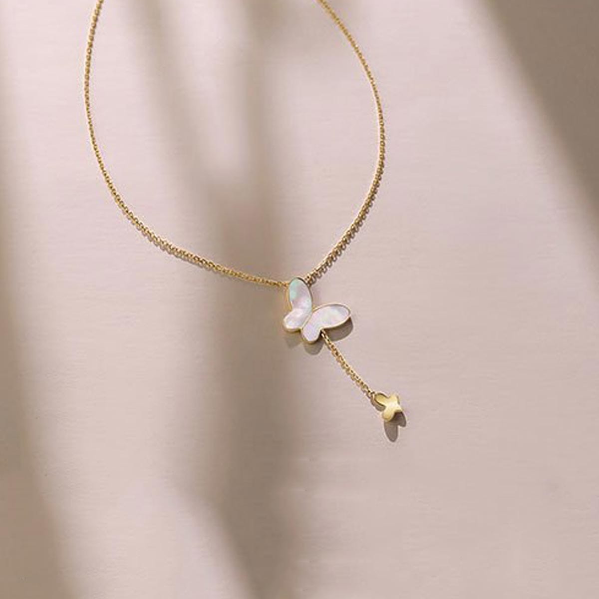 FANCIME "Fairy Pearl Duo" Mother Of Pearl Butterfly 14K Yellow Gold Necklace Full