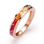 Rainbow color princess cut natural sapphire stone eternity ring band in 18k rose gold