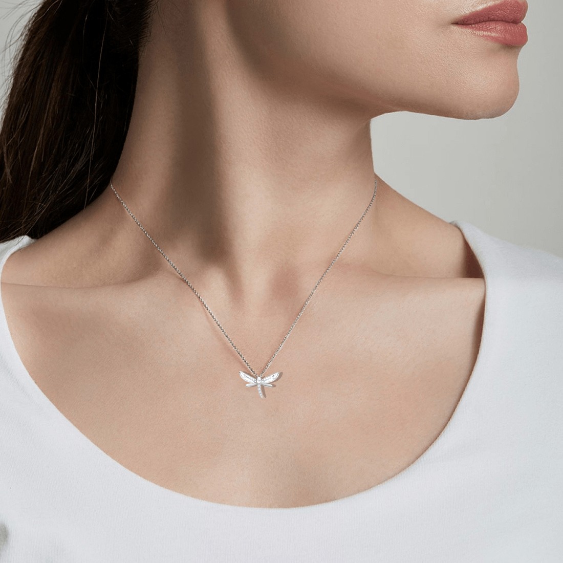 FANCIME CZ Dragonfly 14k Solid White Gold Necklace Show