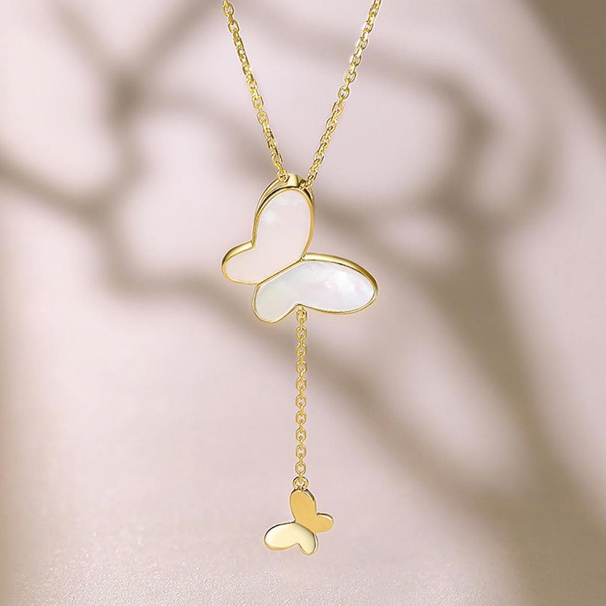 FANCIME "Fairy Pearl Duo" Mother Of Pearl Butterfly 14K Yellow Gold Necklace Detail