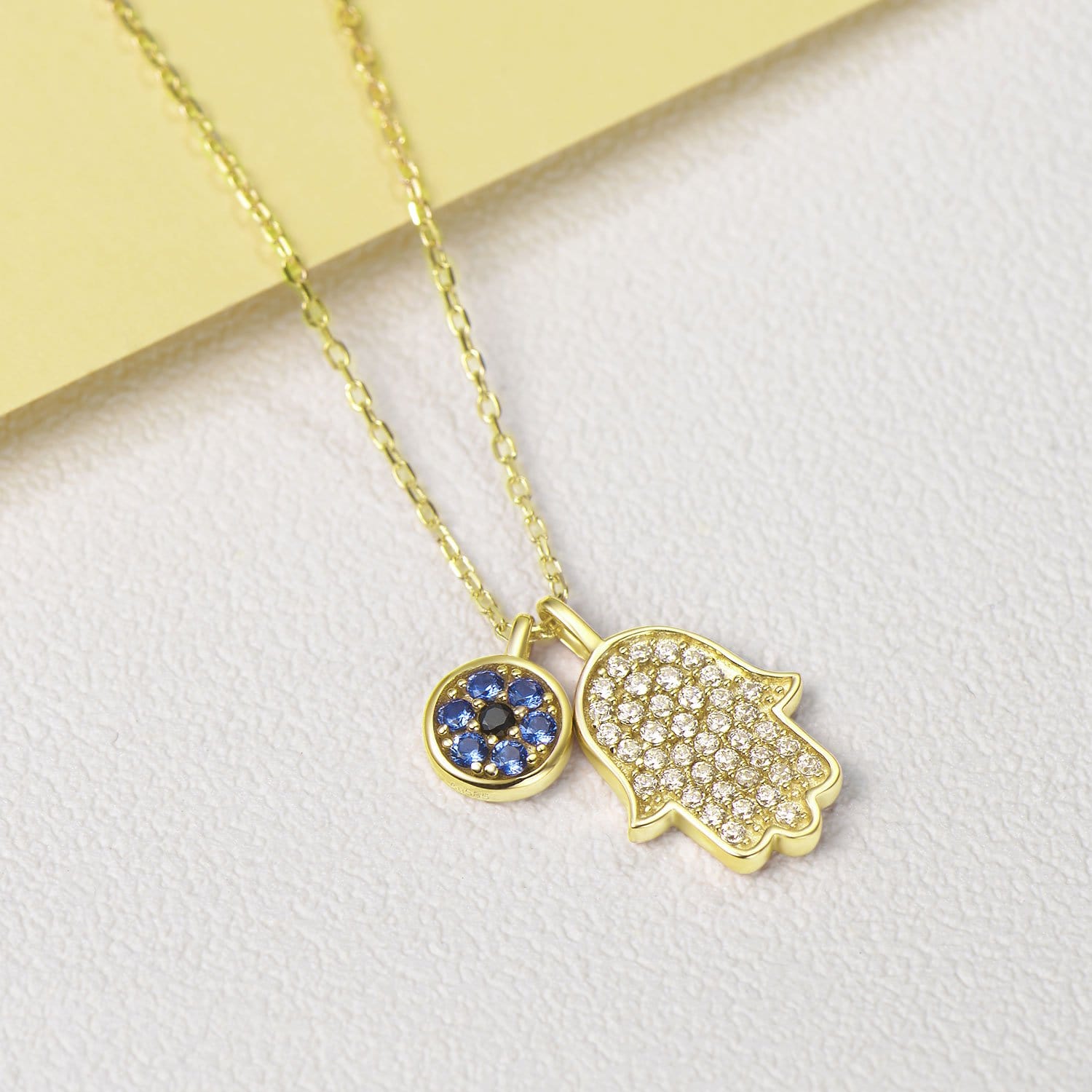 Paved stone hamsa blue evileye necklace gift with jewelry box