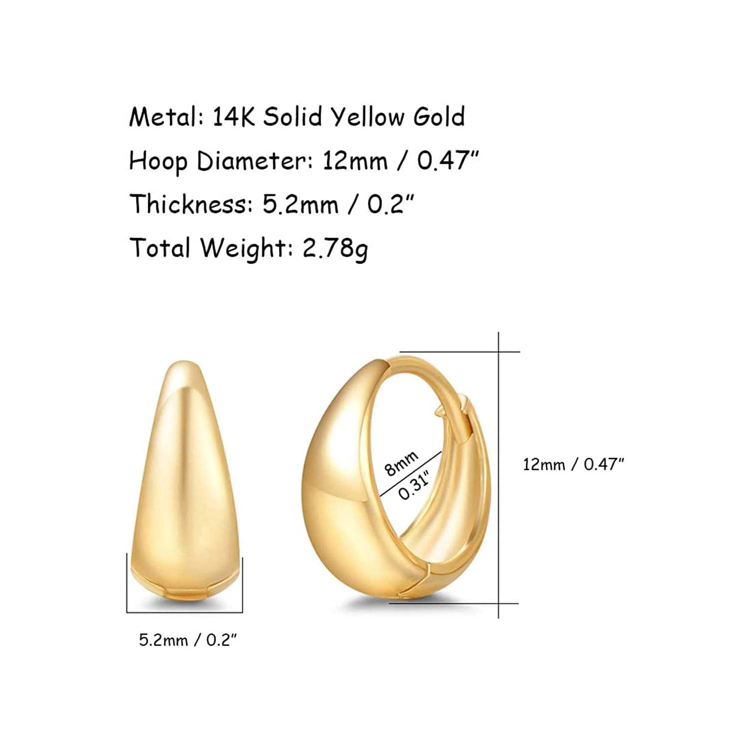 FANCIME Small Tapered Huggie 14K Solid Yellow Gold Earrings Size