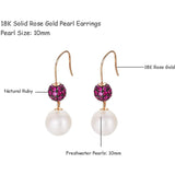 18K Solid Rose Gold 10mm White Freshwater Cultured High Luster Pearl Natural Ruby Tourmaline Diamond Drop Dangle Earrings