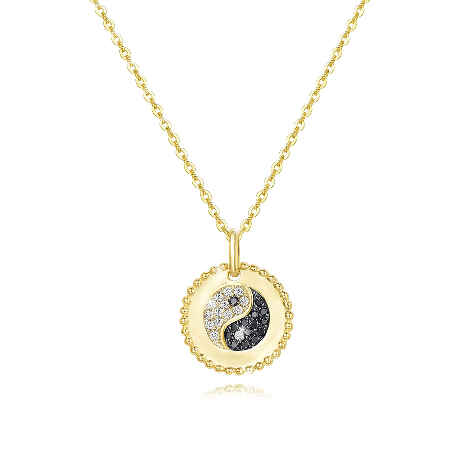 White and Black Diamond Mix Pendant Dainty Gold Necklace Disc Design on 18 inches long godl chain