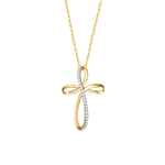 Ribbon design cross necklace in yellow gold paved with white diamonds