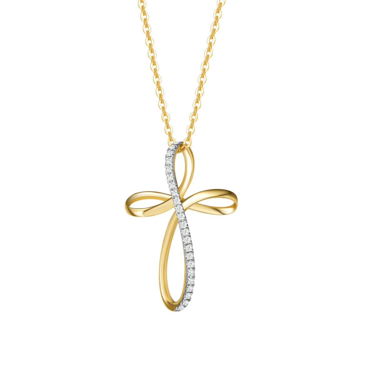 Pave Set Diamond Infinity Cross Pendant 14K Yellow Gold Necklace