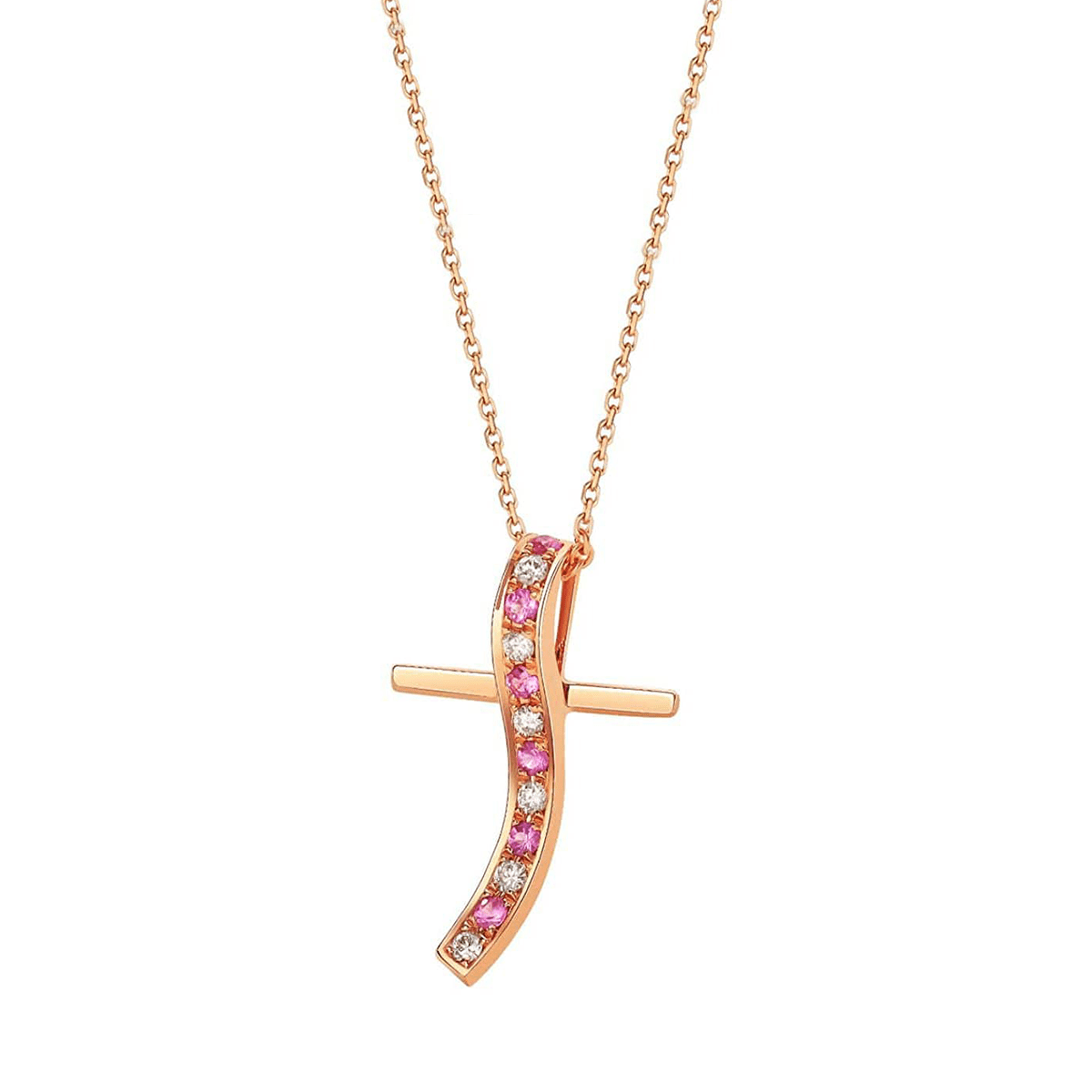 Color gemstone pink sapphire and white diamond rose gold pendant necklace on 18k rose gold cable chain