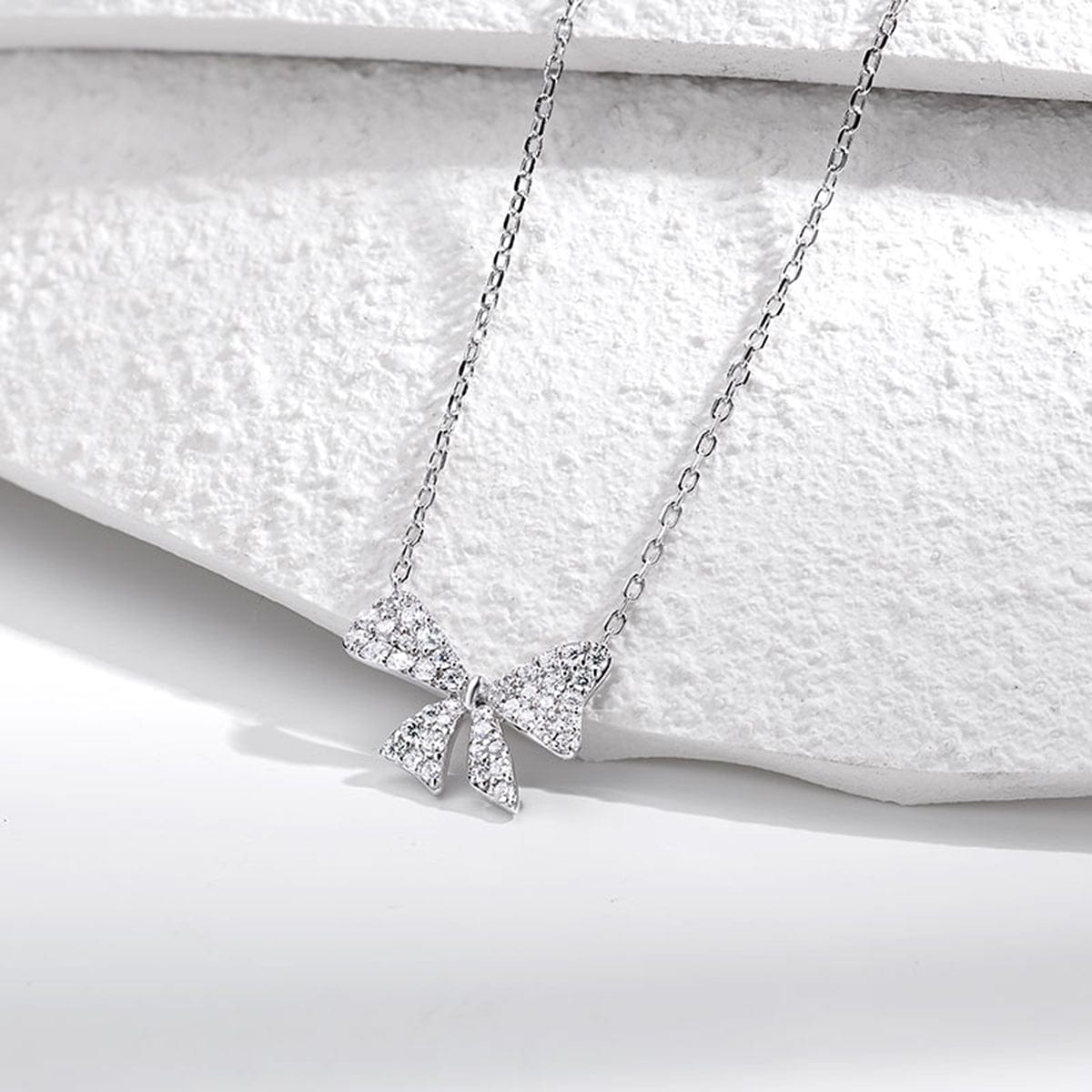 FANCIME "Sweet Pea" Bowtie Design White CZ Sterling Silver Necklace Detail