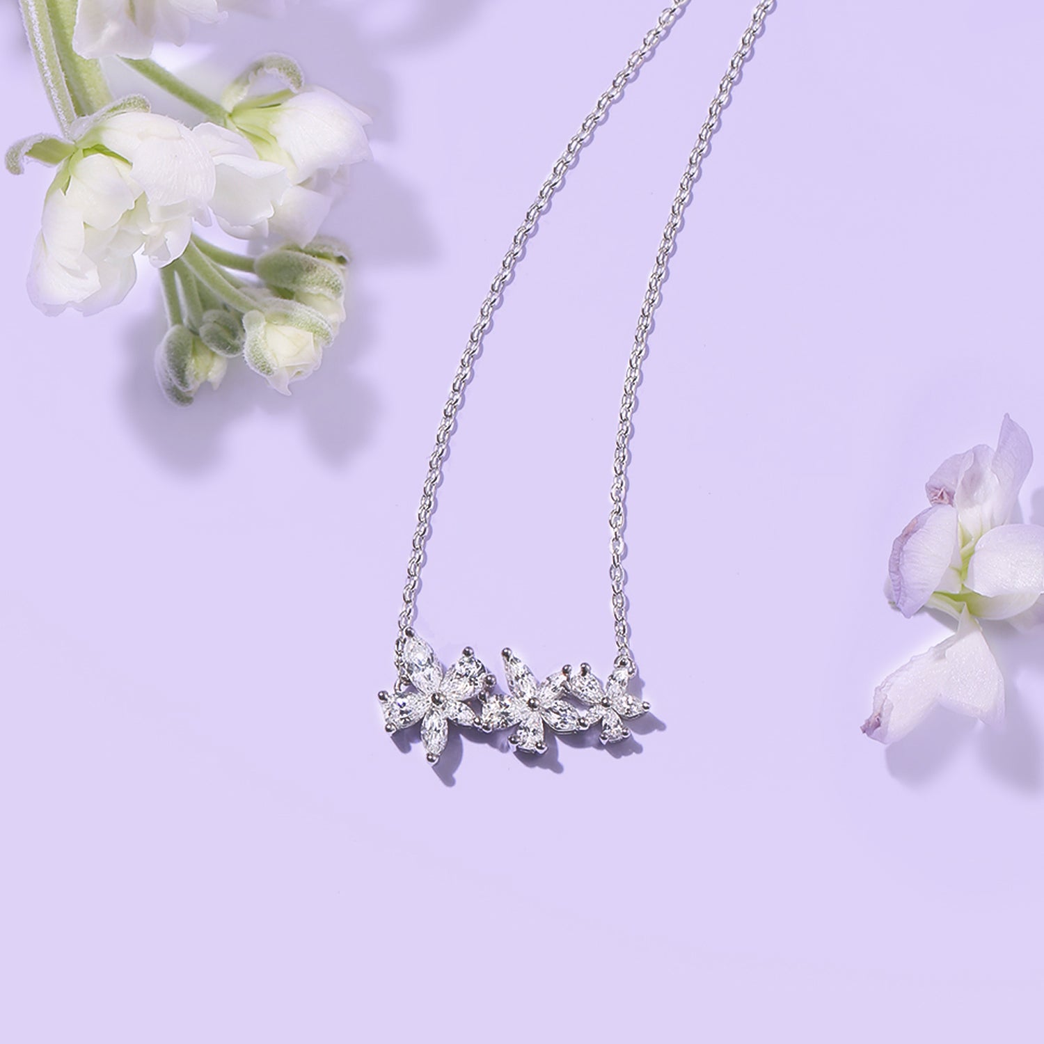 FANCIME ‘’Wisteria Bouquet” Flower Stones Bar Sterling Silver Necklace Show2