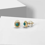 Black fire natural opal studs in yellow gold