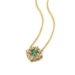 Floral gold pendant with green emerald and white diamonds on 14k yellow gold chain 