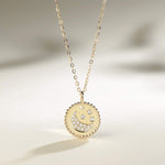 FANCIME Moon Star Round Disc Coin 14K Solid Gold Necklace Detail