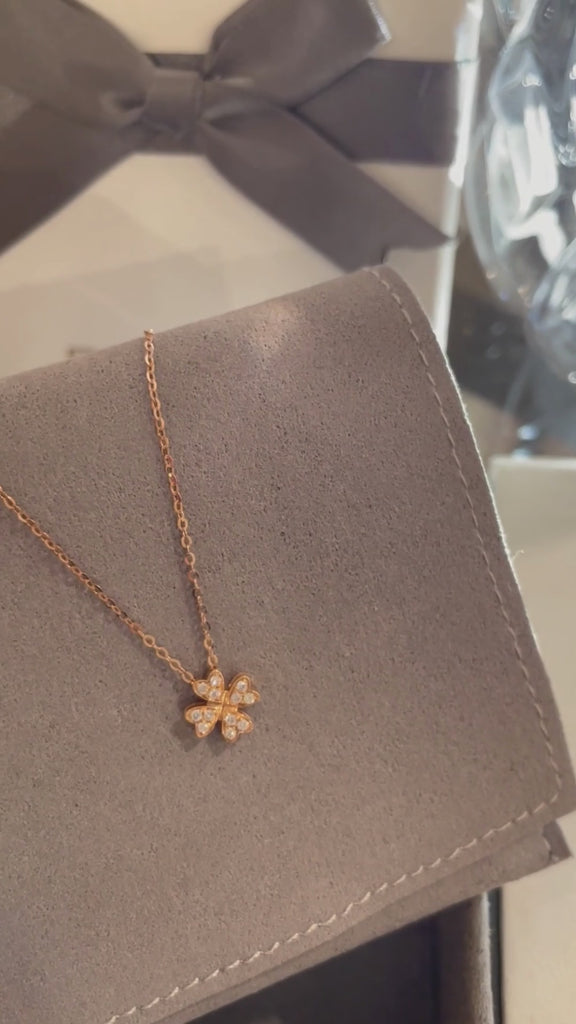FANCIME Heart-Shaped Four Leaf Clover 18K Solid Rose Gold Necklace Video