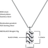 Sterling Silver Men Black Spinel Classic Chain Dog Tag Pendant On A Stainless Box Chain Necklace 24 Inches