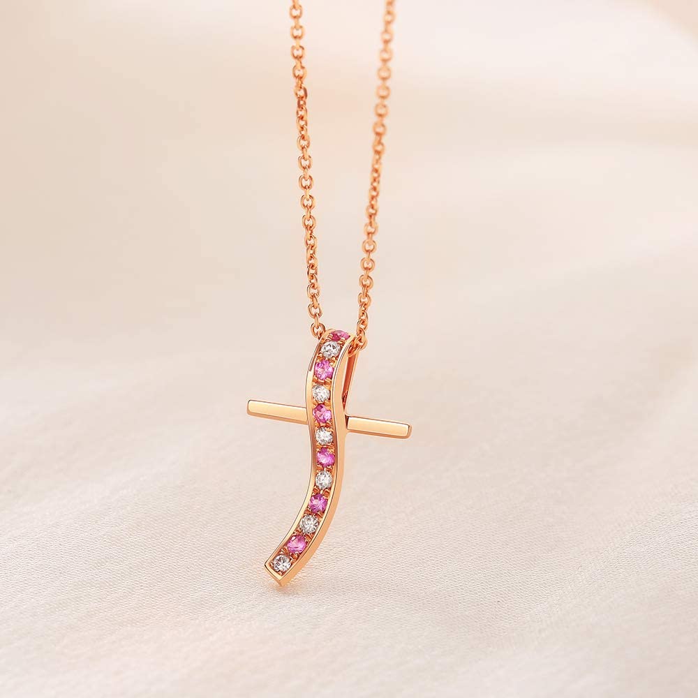 Round-cut Pink Sapphire and Diamond Cross Pendant in 18K Rose Gold