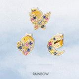 Rainbow color solid gold stud earrings with gemstones